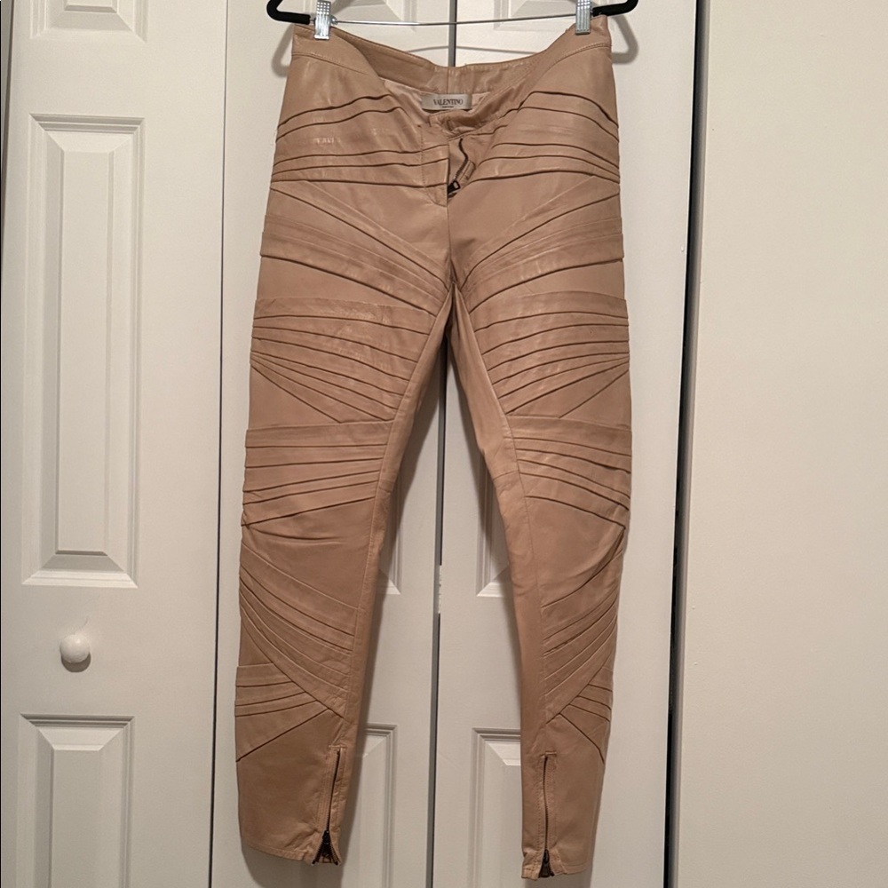 Valentino lamb skin leather Beige Cropped Pants with Geometric Patterns